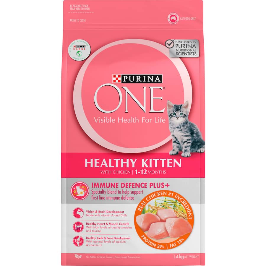 Purina One Kitten Dry Cat Food Chicken, made with real chicken, supports healthy growth, immunity, and a shiny coat.