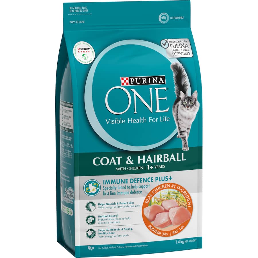 Purina One Dry Cat Food Chicken for healthy coats and hairball control with immune support and omega fatty acids.
