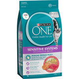Dry cat food featuring real salmon and tuna, enriched with vitamins and omega fatty acids for sensitive stomachs and immune support.
