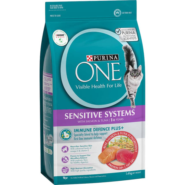 Dry cat food featuring real salmon and tuna, enriched with vitamins and omega fatty acids for sensitive stomachs and immune support.