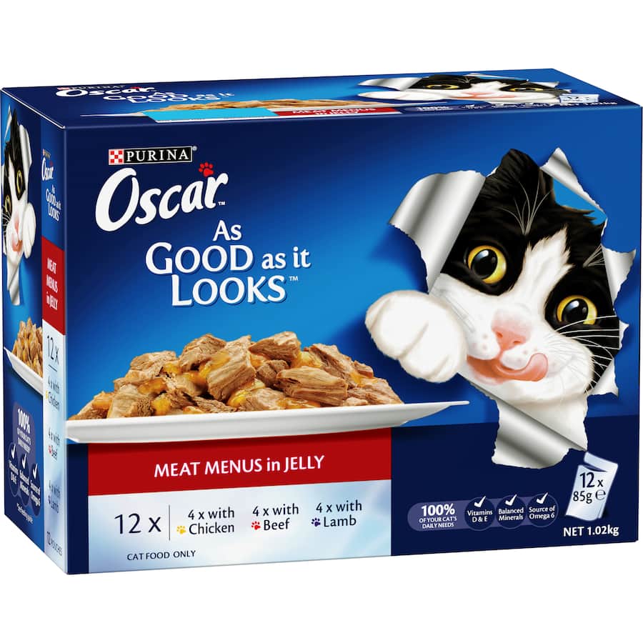 Tender meat pieces in rich jelly, Purina Oscar Wet Cat Food offers a nutritious and flavorful feast for your feline friend.