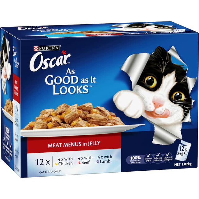Tender meat pieces in rich jelly, Purina Oscar Wet Cat Food offers a nutritious and flavorful feast for your feline friend.