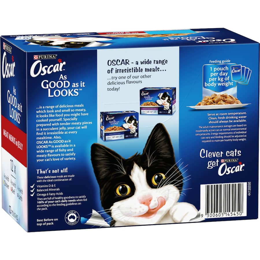 Delicious Purina Oscar Wet Cat Food with tender meat pieces in rich jelly for a nutritious and satisfying meal.
