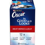 A serving of Purina Oscar Wet Cat Food featuring tender meat in jelly, promoting healthy skin and a complete diet.