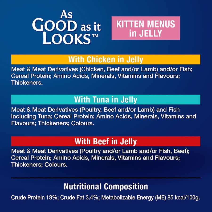 Tender kitten wet food in jelly, featuring meaty pieces and rich in Omega 6, vitamins D and E for healthy growth.