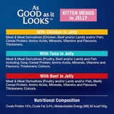 Tender kitten wet food in jelly, featuring meaty pieces and rich in Omega 6, vitamins D and E for healthy growth.