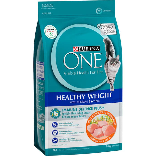 Purina One Dry Cat Food Chicken for healthy weight, enriched with nutrients for immune support and optimal health.