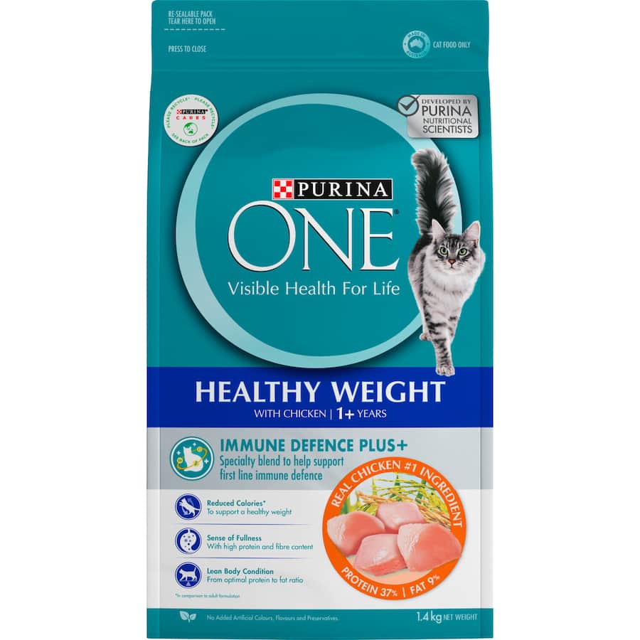 Purina One Healthy Weight Dry Cat Food features chicken, omega fatty acids, and antioxidants for a balanced diet for overweight cats.
