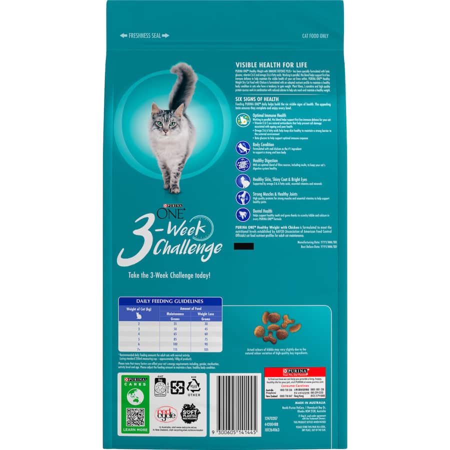 Purina One Healthy Weight Dry Cat Food with Chicken for overweight cats, enriched with Immune Defence Plus+ for optimal health.