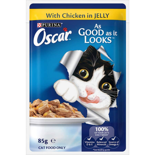 Tender chicken pieces in savory jelly, Purina Oscar Wet Cat Food offers delicious nutrition for adult cats.