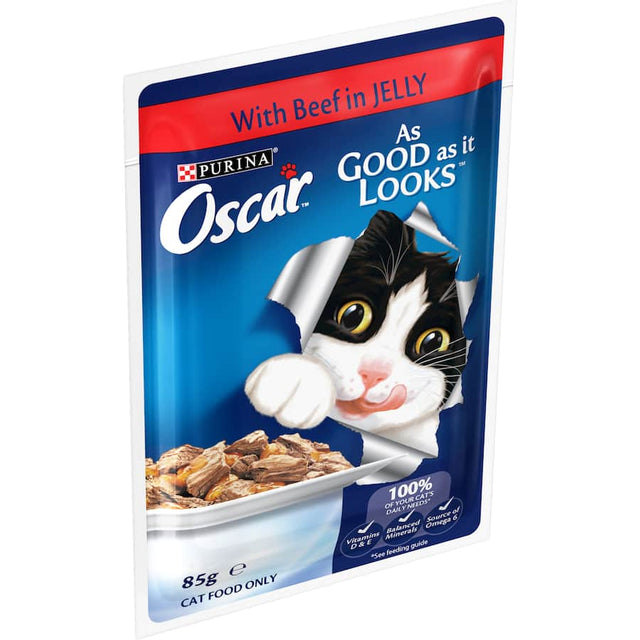 Gourmet wet cat food with tender beef in savory jelly, enriched with Omega 6 and essential vitamins for felines.