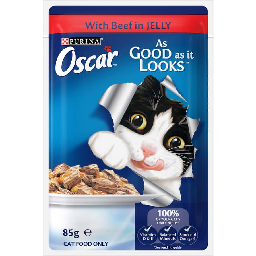 Gourmet wet cat food featuring tender beef in savory jelly, rich in Omega 6 and essential vitamins for healthy cats.