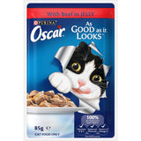 Gourmet wet cat food featuring tender beef in savory jelly, rich in Omega 6 and essential vitamins for healthy cats.