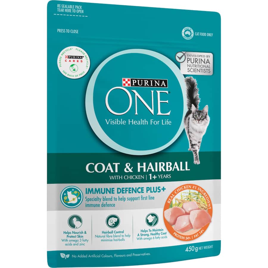 Purina One Coat & Hairball Dry Cat Food Chicken Bag 450g