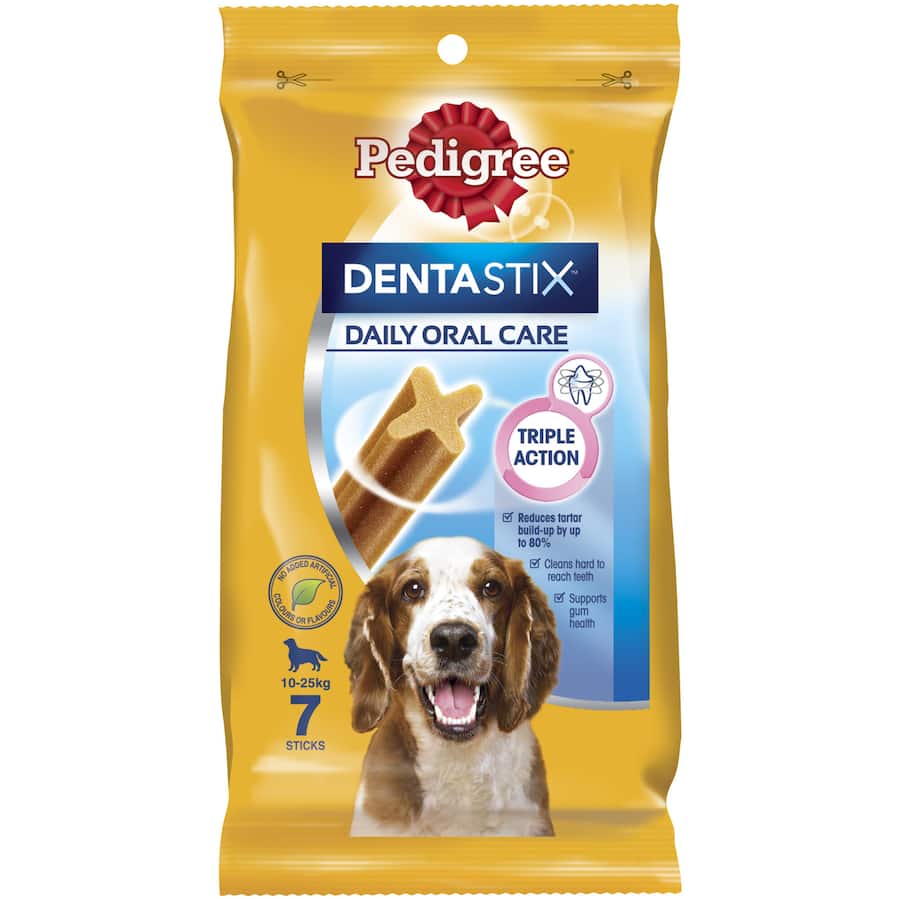 Pedigree Dentastix for medium dogs, dental chews that reduce tartar up to 80% while promoting healthy gums and fresh breath.
