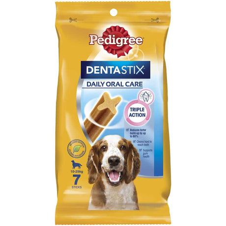 Pedigree Dentastix for medium dogs, dental chews that reduce tartar up to 80% while promoting healthy gums and fresh breath.