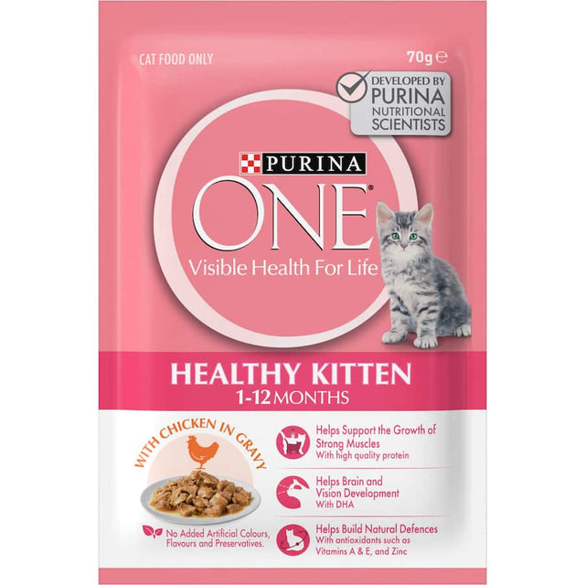 Purina One Kitten Wet Cat Food Chicken: nutritious, chicken-based wet food in gravy for healthy growth and development.