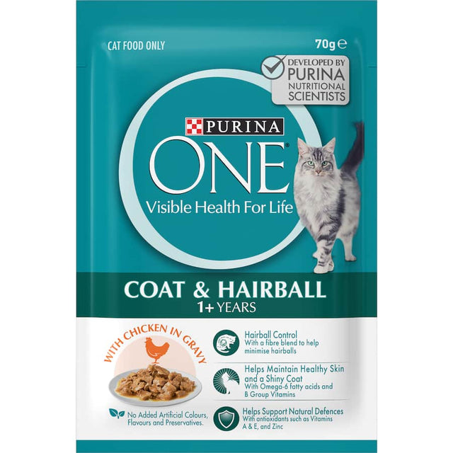 Succulent chicken in gravy wet cat food for healthy skin, beautiful coat, and minimized hairball formation for adult cats.