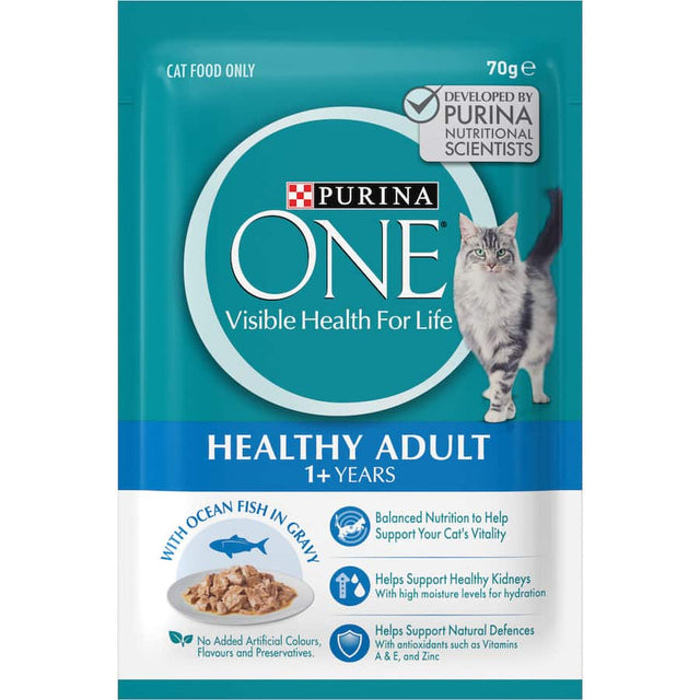 Succulent Purina One Wet Cat Food with ocean fish in gravy, supporting muscle health and digestion for adult cats.