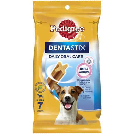 Pedigree Dentastix for small dogs, promoting dental health by reducing tartar with a unique x-shape texture.