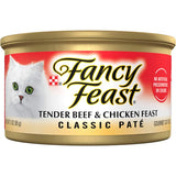 Fancy Feast Wet Cat Food Tender Beef & Chicken Feast in a can, showcasing smooth pâté made with premium beef and chicken.
