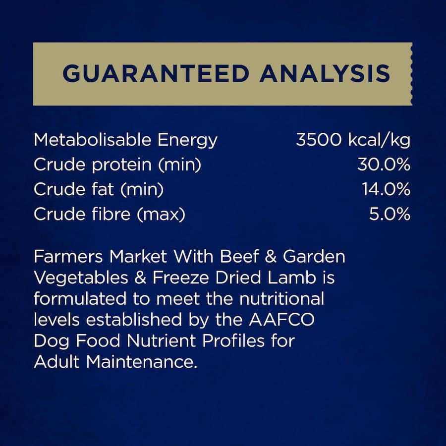 Farmers Market Dry Dog Food features premium beef and fresh garden vegetables for optimal nutrition and taste.