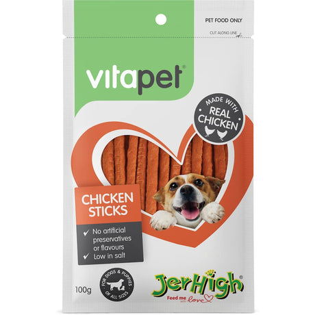 Delicious Vitapet Jerhigh Chicken Sticks for dogs, made with real chicken and natural ingredients for healthy rewarding.