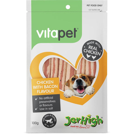 Vitapet Jerhigh Dog Treats feature real chicken and bacon, providing nutritious, tasty rewards for dogs of all ages.