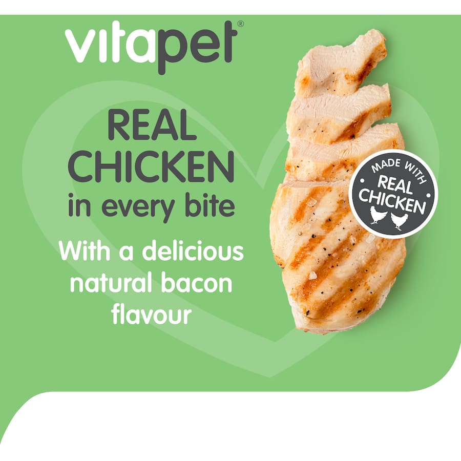 Delicious chicken and bacon sticks made with real meat, perfect as a reward for dogs of all ages.
