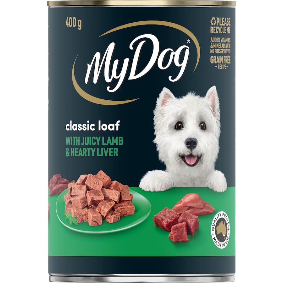 Wet dog food in a 400g can featuring rich country lamb and liver, offering complete nutrition without preservatives.