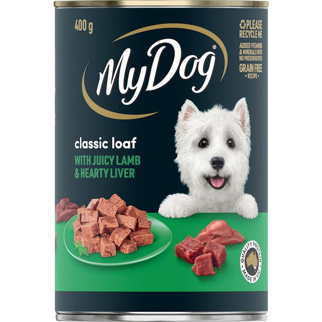 Wet dog food in a 400g can featuring rich country lamb and liver, offering complete nutrition without preservatives.