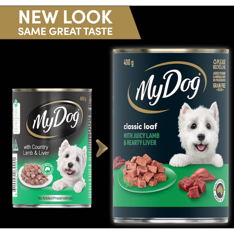 Savory 400g can of My Dog Wet Food featuring rich lamb and liver, packed with nutrients and free from artificial preservatives.