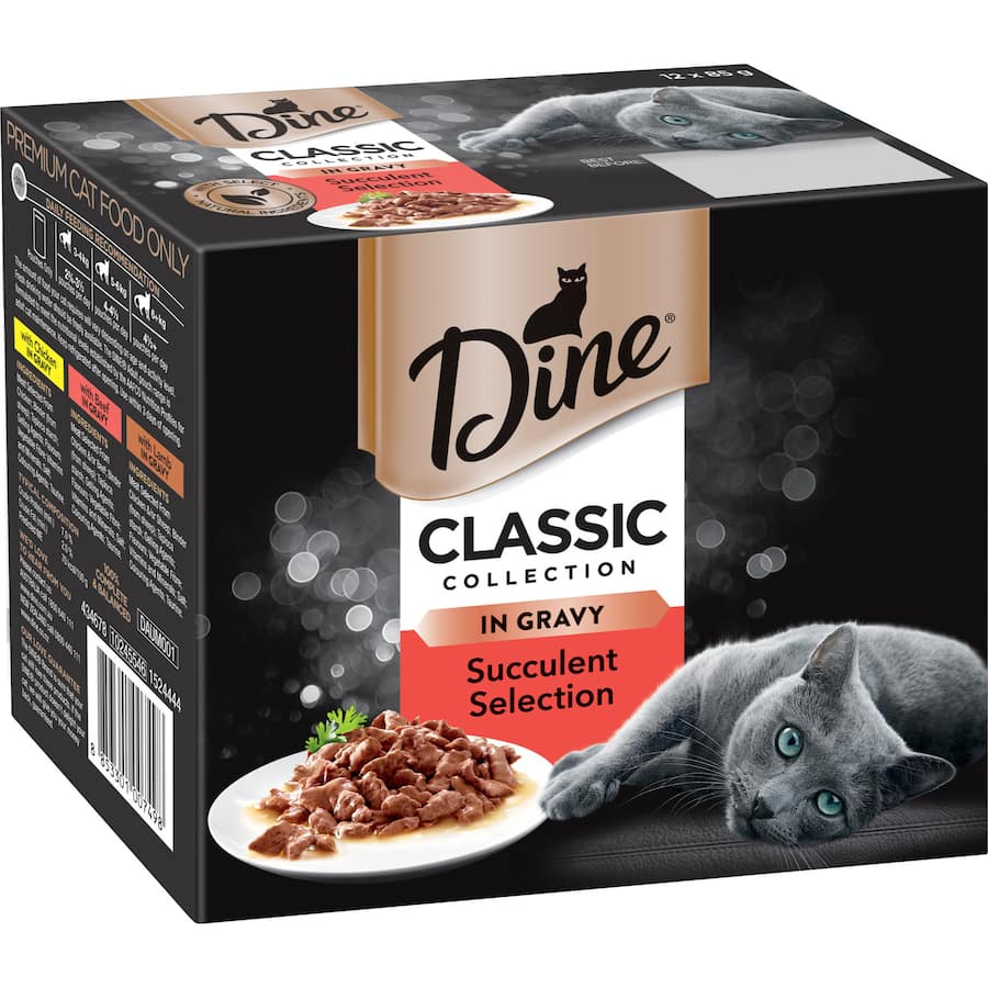 Wet cat food featuring premium mixed meats in gravy, designed for nutrition and feline enjoyment.