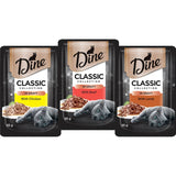 Dine Classic Collection Wet Cat Food features premium mixed meats in savory gravy, promoting hydration and nutrition for cats.