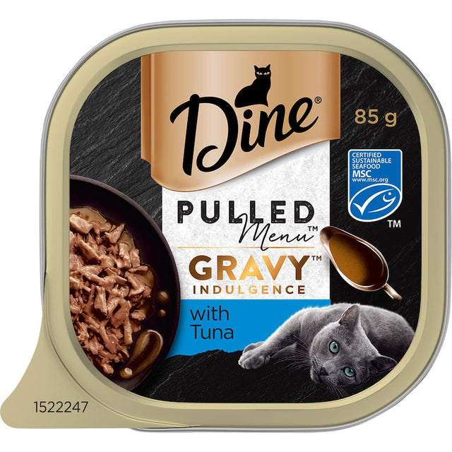 Premium wet cat food featuring tender tuna in savory gravy, perfect for discerning felines and picky eaters.