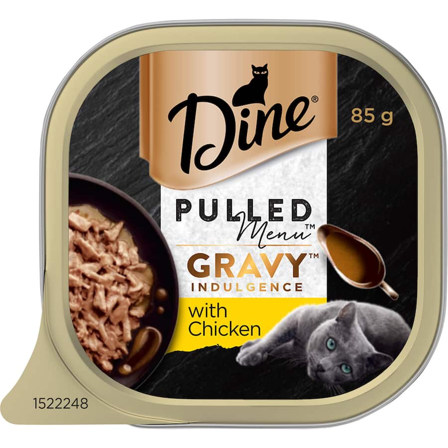 Dine Pulled Menu Wet Cat Food with Chicken, featuring tender shreds in savory gravy for a nutritious and delicious meal.