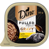 Dine Pulled Menu Wet Cat Food with Chicken, featuring tender shreds in savory gravy for a nutritious and delicious meal.