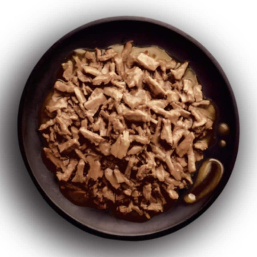 Dine Pulled Menu Wet Cat Food with Chicken, featuring tender chicken shreds in rich gravy for a nutritious, delicious meal.