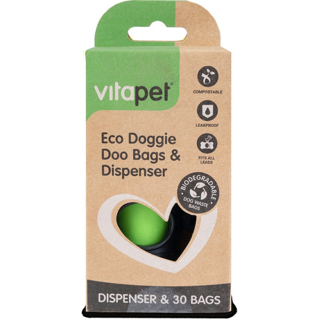Biodegradable Vitapet Eco Pet Waste Bags made from 30% corn starch, designed for easy, eco-friendly pet waste disposal.