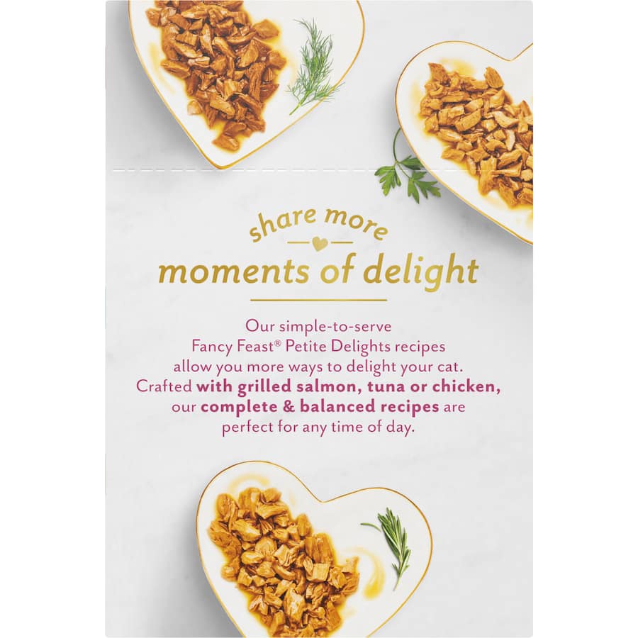 Gourmet wet cat food featuring grilled salmon, tuna, and chicken, perfect for pampering smaller appetite cats.