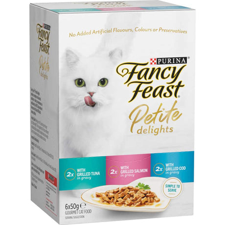 Gourmet cat food variety pack with tuna, salmon, and cod in savory sauce, perfect for discerning adult cats.