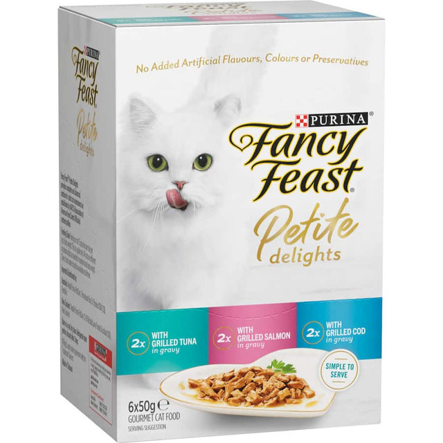 Gourmet cat food variety pack with tuna, salmon, and cod in savory sauce, perfect for discerning adult cats.