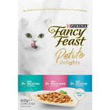 Gourmet wet cat food featuring grilled tuna, salmon, and cod in a savory sauce, perfect for discerning adult cats.