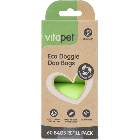 Eco-friendly Vitapet dog waste bags made from 30% corn starch, biodegradable, compostable, and leak-proof for responsible pet owners.