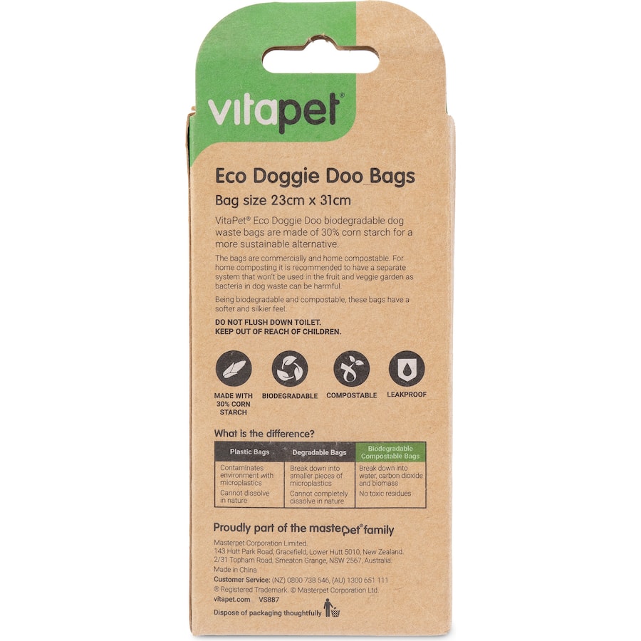 Vitapet Eco Pet Waste Bags: biodegradable, compostable, leak-proof bags made from 30% corn starch for eco-friendly pet waste disposal.