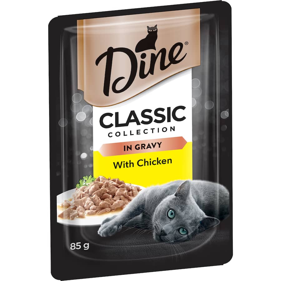 Savory chicken chunks in rich gravy for a gourmet wet cat food experience that delights cats of all ages.