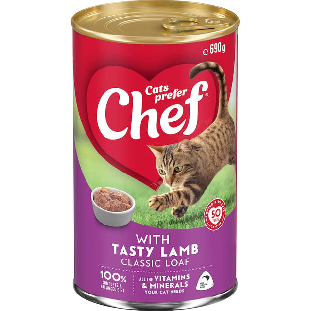 Delicious Chef Classic Wet Cat Food featuring a grain-free lamb loaf, packed with essential nutrients for your cat's health.