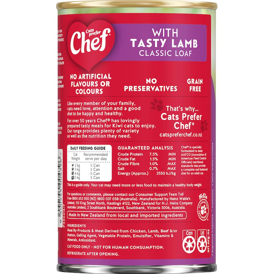 Chef Classic Wet Cat Food featuring Tasty Lamb in a classic loaf, grain-free and packed with essential nutrients for cats.