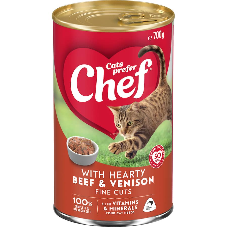 Gourmet wet cat food featuring hearty chunks of beef and venison, providing balanced nutrition for your cat's health.