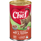 Gourmet wet cat food featuring hearty chunks of beef and venison, providing balanced nutrition for your cat's health.